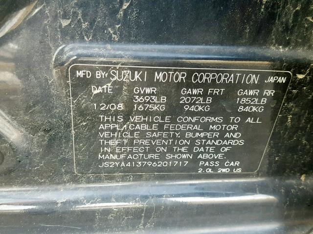 JS2YA413796201717 - 2009 SUZUKI SX4 TECHNO BLACK photo 10