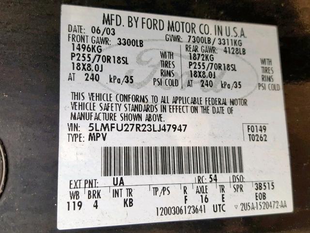 5LMFU27R23LJ47947 - 2003 LINCOLN NAVIGATOR 黑色 照片 10