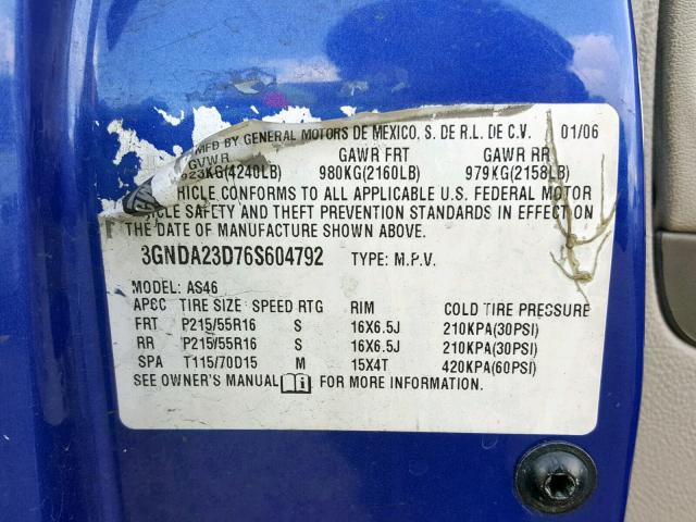 3GNDA23D76S604792 - 2006 CHEVROLET HHR LT BLUE photo 10