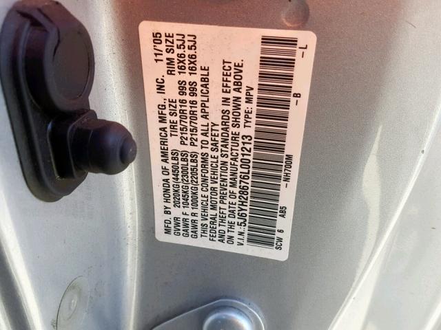 5J6YH28676L001213 - 2006 HONDA ELEMENT EX SILVER photo 10