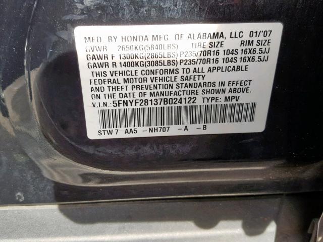 5FNYF28137B024122 - 2007 HONDA PILOT LX BLACK photo 10