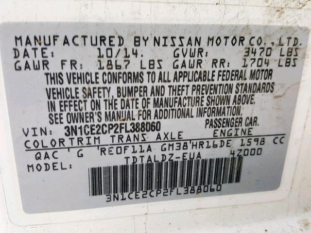 3N1CE2CP2FL388060 - 2015 NISSAN VERSA NOTE 白色 照片 10