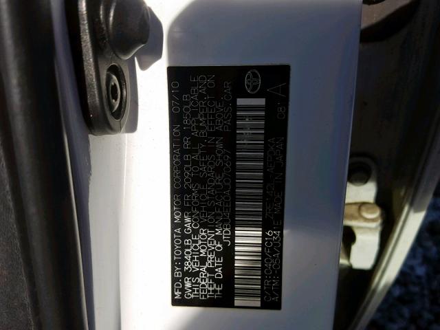 JTDBU4EE0AJ070697 - 2010 TOYOTA COROLLA BA 白色 照片 10
