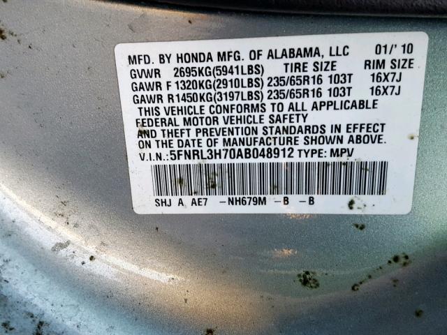 5FNRL3H70AB048912 - 2010 HONDA ODYSSEY EX GRAY photo 10