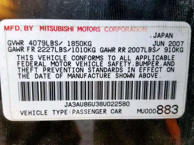 JA3AU86U38U022580 - 2008 MITSUBISHI LANCER GTS BLACK photo 10