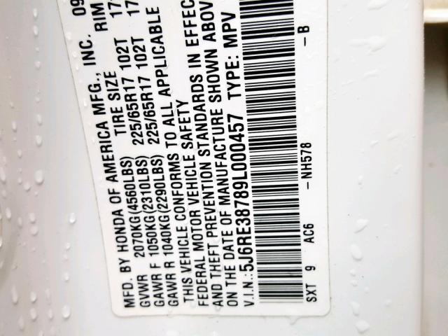 5J6RE38789L000457 - 2009 HONDA CR-V EXL WHITE photo 10