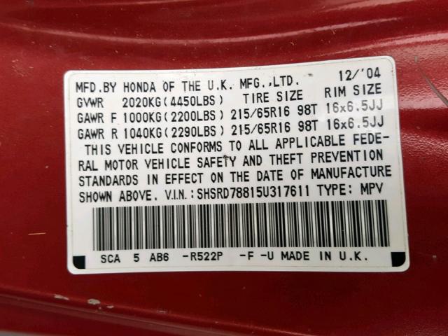 SHSRD78815U317611 - 2005 HONDA CR-V EX MAROON photo 10