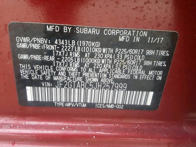 JF2GTABC5JH257999 - 2018 SUBARU CROSSTREK RED photo 10