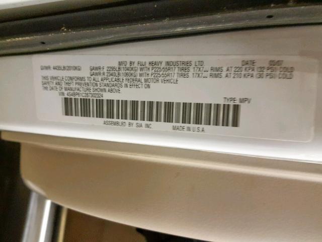 4S4BP61C287302324 - 2008 SUBARU OUTBACK 2. WHITE photo 10