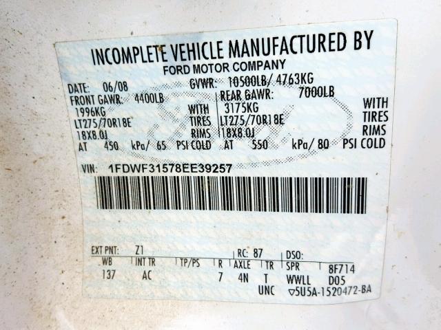1FDWF31578EE39257 - 2008 FORD F350 SRW S WHITE photo 10