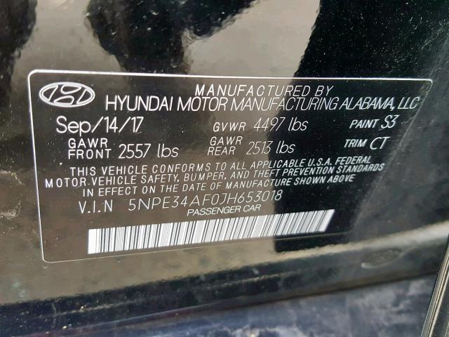 5NPE34AF0JH653018 - 2018 HYUNDAI SONATA SPO BLACK photo 10