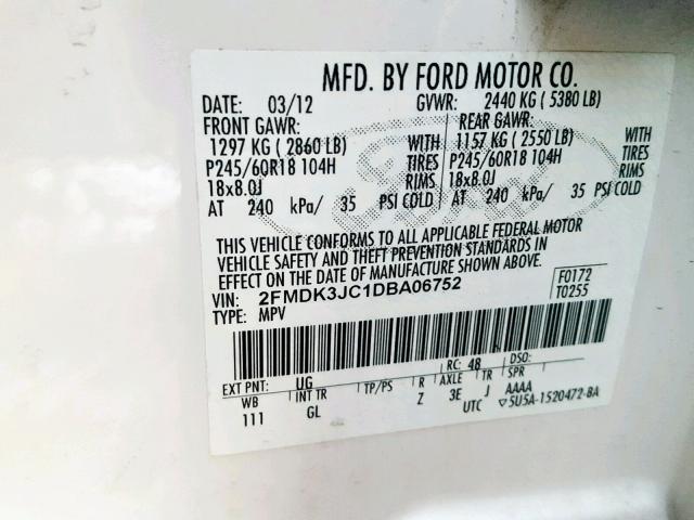 2FMDK3JC1DBA06752 - 2013 FORD EDGE SEL WHITE photo 10