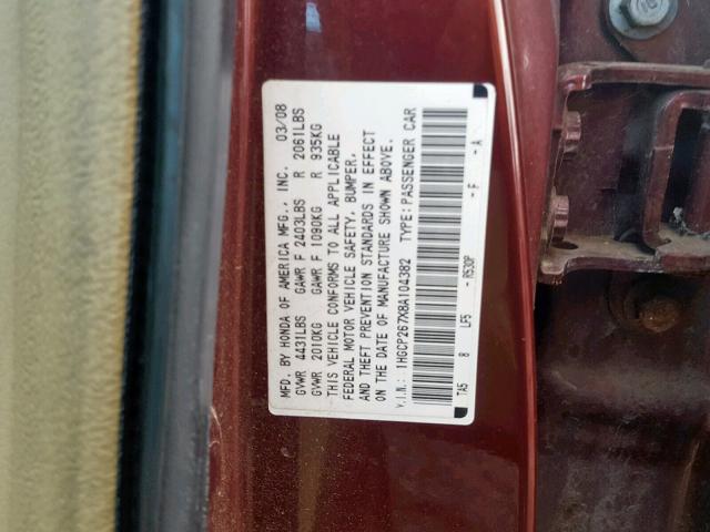 1HGCP267X8A104382 - 2008 HONDA ACCORD EX RED photo 10