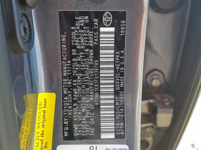 4T1BK1EB1FU138789 - 2015 TOYOTA AVALON XLE 灰色 照片 10