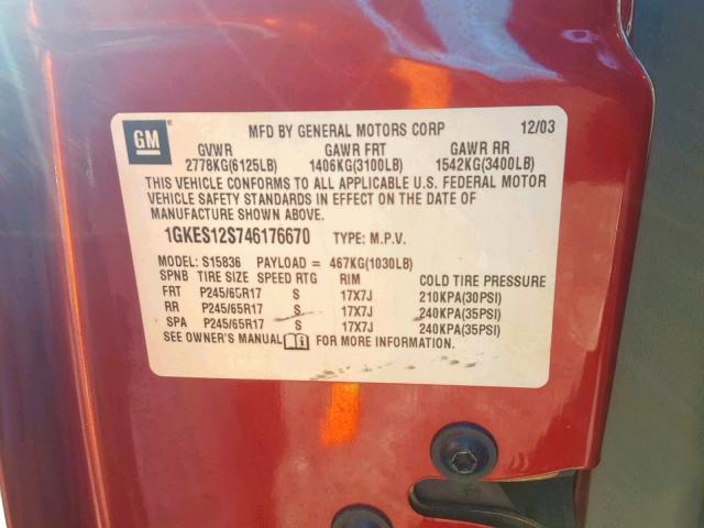 1GKES12S746176670 - 2004 GMC ENVOY XUV RED photo 10