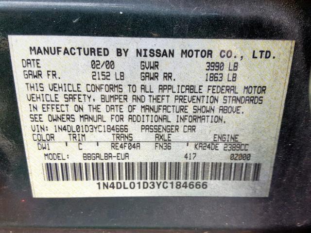 1N4DL01D3YC184666 - 2000 NISSAN ALTIMA XE GREEN photo 10