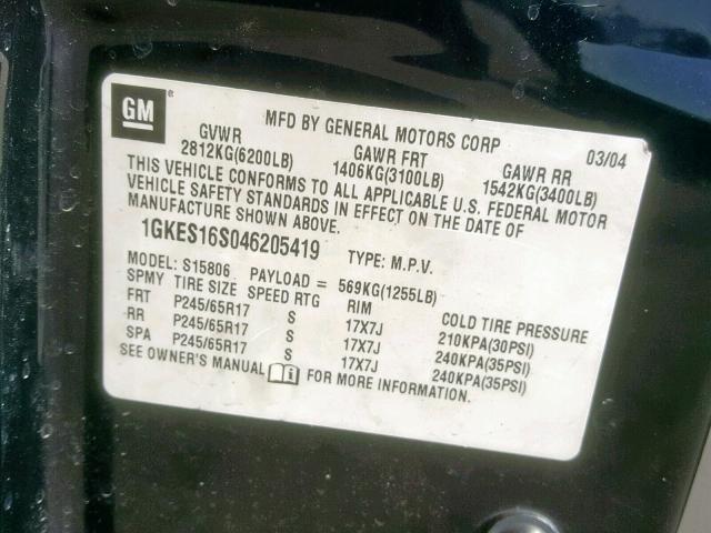 1GKES16S046205419 - 2004 GMC ENVOY XL BLACK photo 10