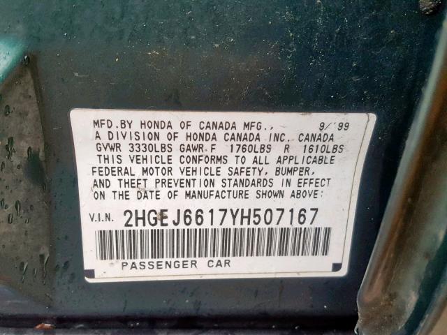 2HGEJ6617YH507167 - 2000 HONDA CIVIC BASE GREEN photo 10