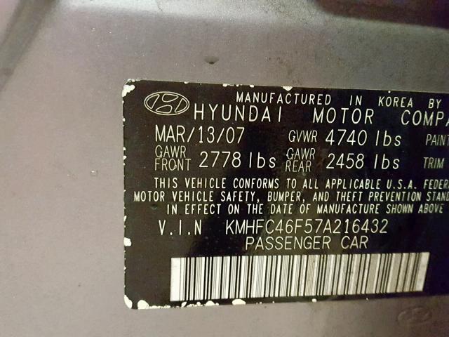 KMHFC46F57A216432 - 2007 HYUNDAI AZERA SE GRAY photo 10