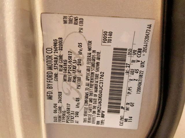 1FMZU63K04UC31762 - 2004 FORD EXPLORER X 金色 照片 10