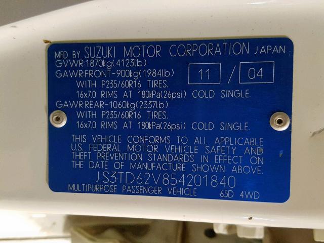 JS3TD62V854201840 - 2005 SUZUKI GRAND VITA WHITE photo 10