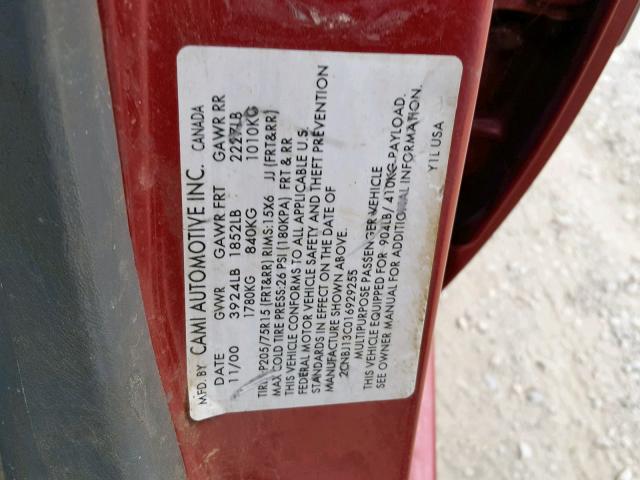 2CNBJ13C016929255 - 2001 CHEVROLET TRACKER RED photo 10