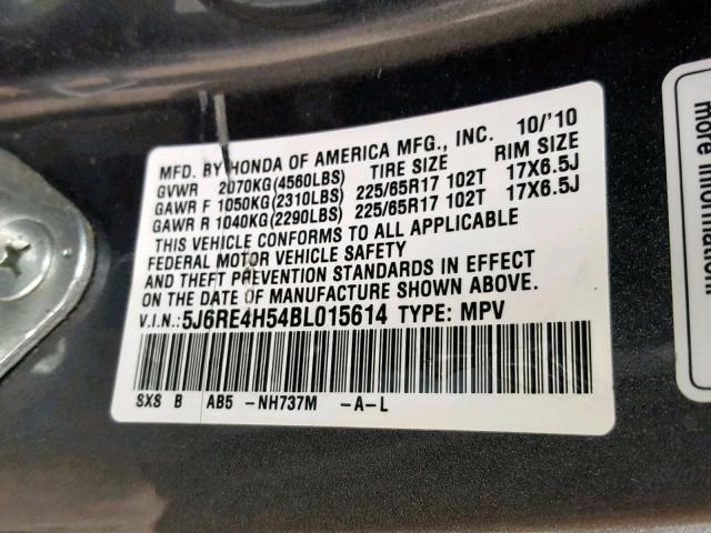 5J6RE4H54BL015614 - 2011 HONDA CR-V EX GRAY photo 10