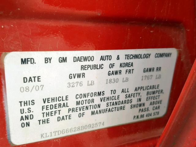 KL1TD66628B092574 - 2008 CHEVROLET AVEO BASE Қызыл фото 10