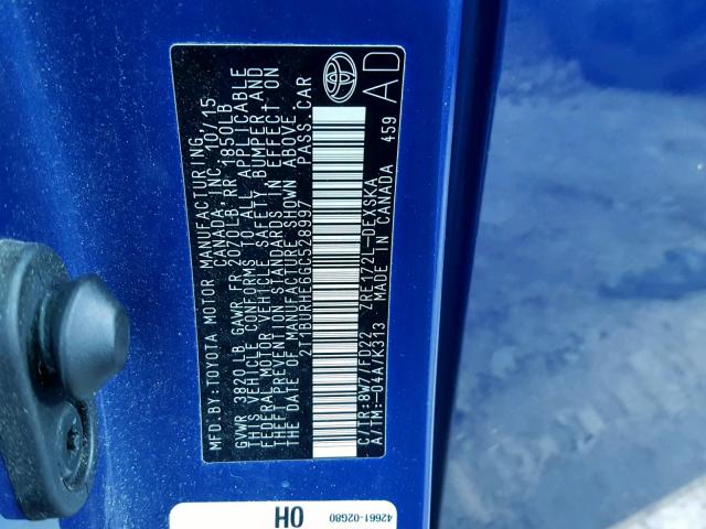 2T1BURHE6GC528997 - 2016 TOYOTA COROLLA L 蓝色 照片 10