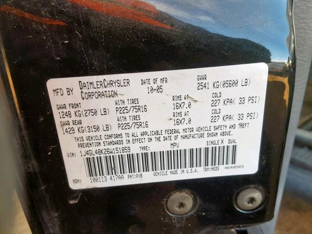 1J4GL48K26W151859 - 2006 JEEP LIBERTY SP შავი ფოტო 10