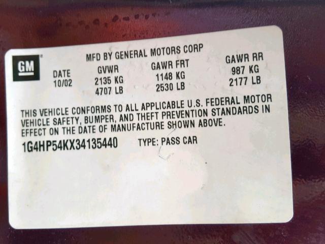 1G4HP54KX34135440 - 2003 BUICK LESABRE CU PURPLE photo 10