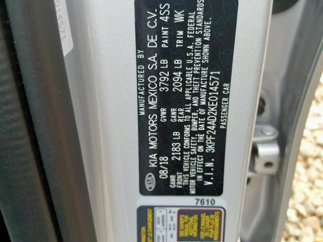 3KPF24AD2KE014571 - 2019 KIA FORTE FE SILVER photo 10