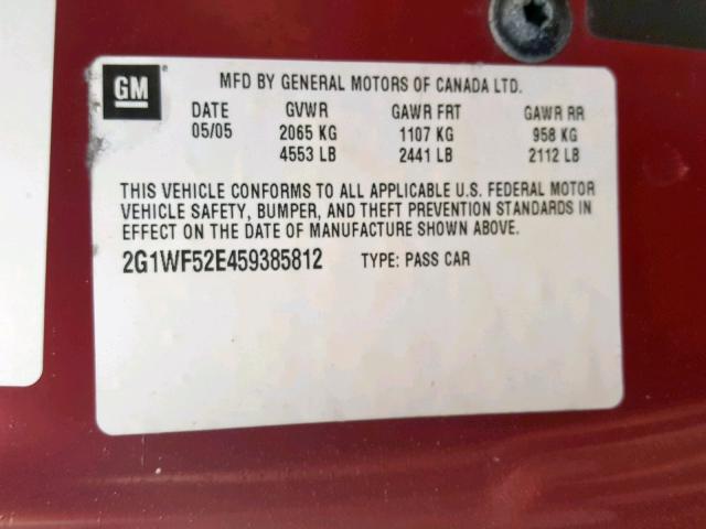 2G1WF52E459385812 - 2005 CHEVROLET IMPALA RED photo 10