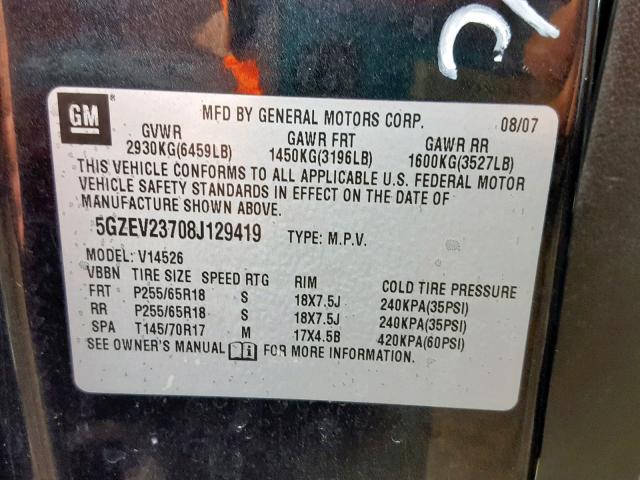 5GZEV23708J129419 - 2008 SATURN OUTLOOK XR შავი ფოტო 10