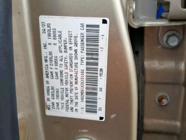 1HGCM561X7A151464 - 2007 HONDA ACCORD VAL GOLD photo 10