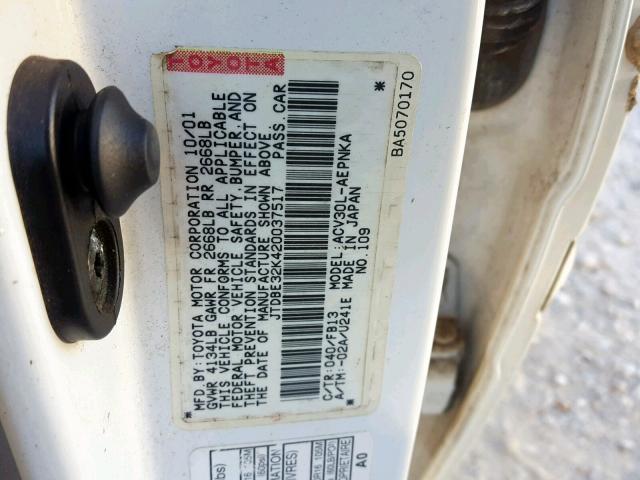 JTDBE32K420037517 - 2002 TOYOTA CAMRY LE 白色 照片 10