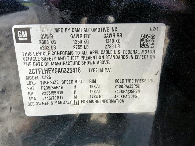 2CTFLHEY9A6325418 - 2010 GMC TERRAIN SL BLACK photo 10