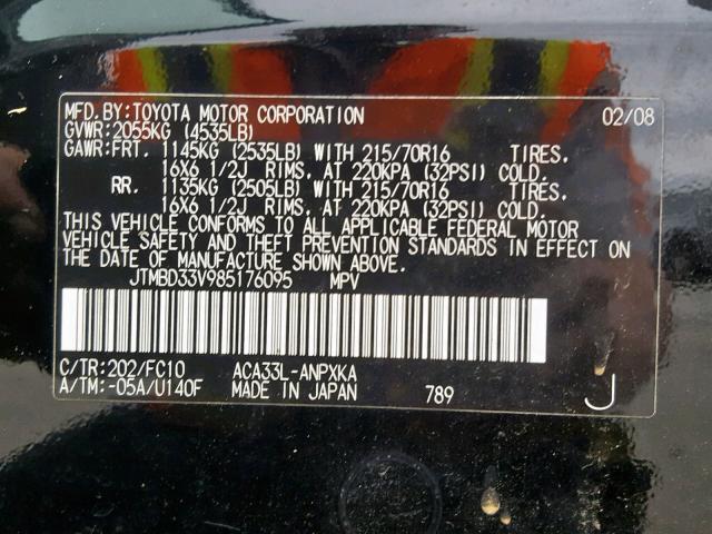 JTMBD33V985176095 - 2008 TOYOTA RAV4 Negro foto 10