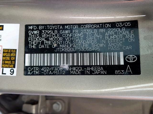 JTDKB20U153058495 - 2005 TOYOTA PRIUS GOLD photo 10