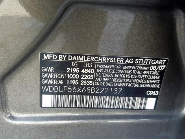 WDBUF56X68B222137 - 2008 MERCEDES-BENZ E 350 GRAY photo 10