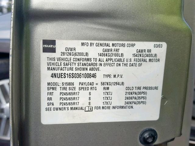 4NUES16S036100846 - 2003 ISUZU ASCENDER S Gümüş foto 10