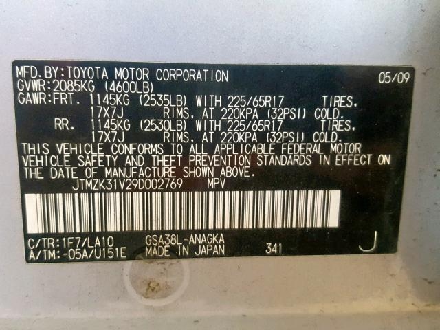 JTMZK31V29D002769 - 2009 TOYOTA RAV4 LIMIT SILVER photo 10