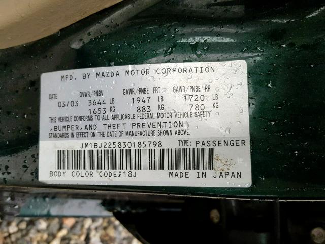 JM1BJ225830185798 - 2003 MAZDA PROTEGE DX GREEN photo 10