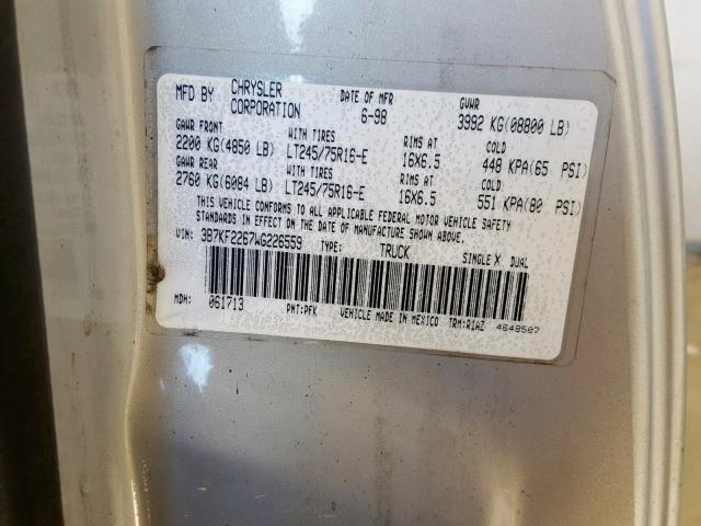 3B7KF2267WG226559 - 1998 DODGE RAM 2500 SILVER photo 10