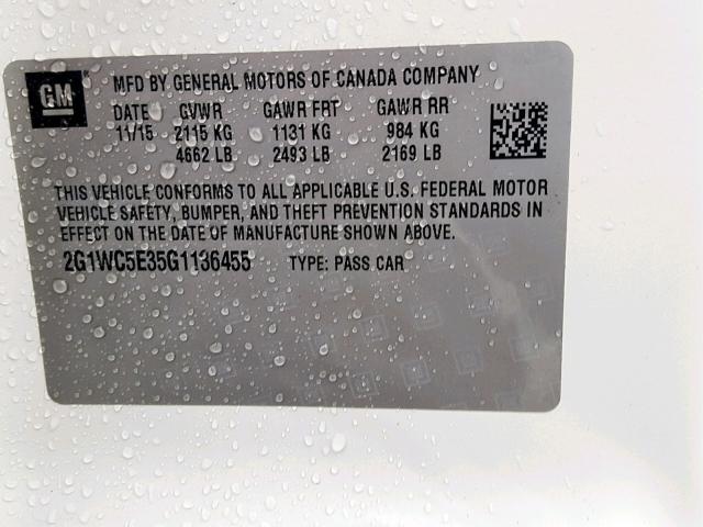 2G1WC5E35G1136455 - 2016 CHEVROLET IMPALA LIM WHITE photo 10