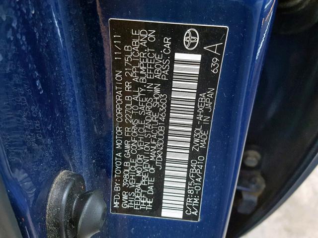 JTDKN3DU0B1463603 - 2011 TOYOTA PRIUS BLUE photo 10