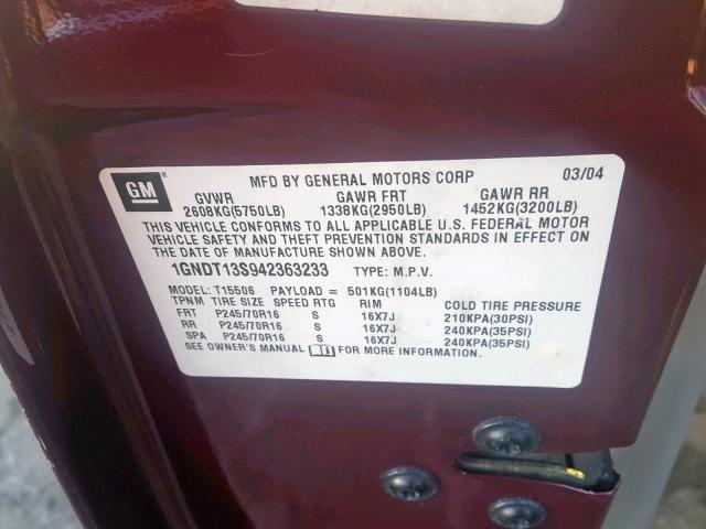 1GNDT13S942363233 - 2004 CHEVROLET TRAILBLAZE BURGUNDY photo 10