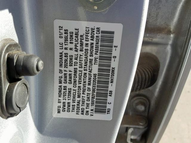 19XFB2F98CE035046 - 2012 HONDA CIVIC EXL GRAY photo 10