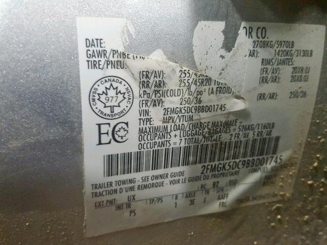 2FMGK5DC9BBD01745 - 2011 FORD FLEX LIMIT SILVER photo 10