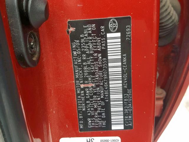 4T4BE46K79R073559 - 2009 TOYOTA CAMRY BASE RED photo 10